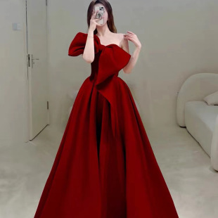 Princess Escape series Toast dress 2024 spring new bridal one-shoulder wedding Red engagement French evening dress