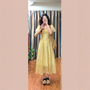 French Yellow Small Flying Sleeve Floral dress Children's Summer 2025 New Waist Elegant Princess Holiday Dress
