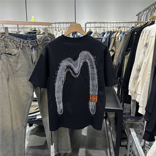 2025 Summer Men's National Fashion M Letter Embroidered Round Neck Short-sleeved T-shirt American Fashion Loose Half-sleeved T-shirt