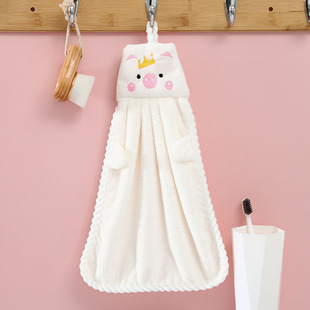Hangable Hand Towel Cute South Korea Piglet Embroidery Absorbent Coral Fleece Hand Wipe Kitchen Hand Wipe