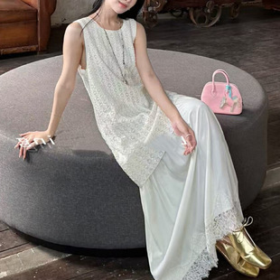 Thirteen lines 2025 spring round neck pullover sleeveless slim stitching fake two long apricot vest dress women