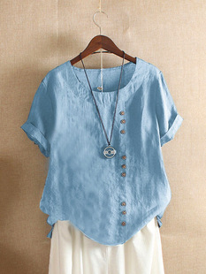 Cross-border Women's Cotton and Linen Top plus size Casual Loose Cotton and Linen T-shirt Cotton and Linen Women's plus size Women's Clothing AMZ