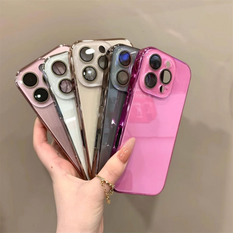 Compatible with Apple 16 Pro Max Ice-feel Glossy Glass Phone Case, iPhone 15 Crystal Lens Screen Protector, and 14 Electroplated Case
