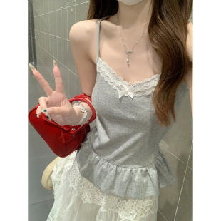 Summer 2025 Korean Style Women's Clothing Pure Desire Ballet Style Lace Edge Beautiful Back Strap Vessel T-shirt European and American Top
