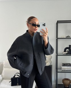2024 Cross-border European and American New Women's Vertical Collar Single-breasted Large Pocket Loose and Comfortable Long-sleeved Wool Jacket