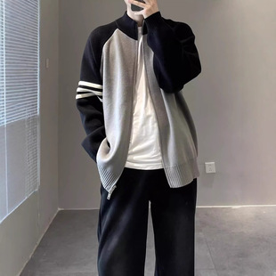 Boys Sweater Cardigan with Three Bars Gray Color Contrast Knitted Casual Fashionable Loose Autumn Sports Jacket Simple
