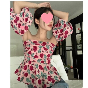 French floral tube top off-shoulder puff sleeve shirt with a sense of design, waist-tight off-shoulder top for women Summer