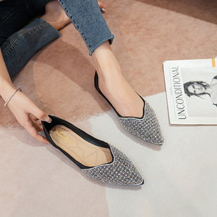French single-layer shoes for women 2022 new shallow mouth pointed rhinestone flat pumps all-match soft bottom peas shoes plus size women's shoes