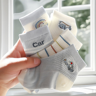Love tick children's socks large mesh summer cartoon car crane ultra-thin combed cotton sweat-absorbent breathable socks