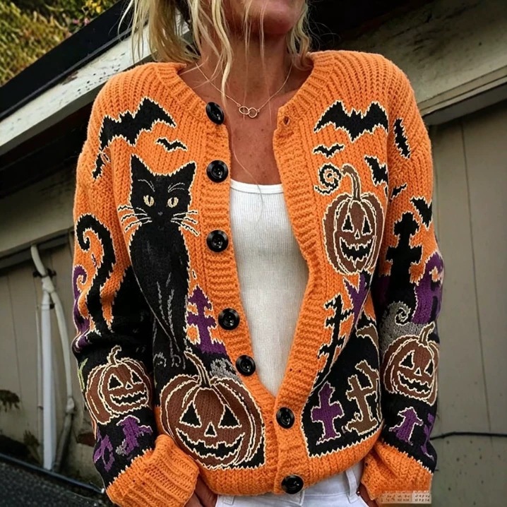 2026 Cross-Border Amazon Autumn New Faux Sweater Cardigan for Women with Halloween Pumpkin Ghost Print Ladies' Top
