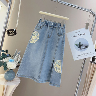 Girls Outer Wear Denim Skirt New Summer Middle and Big Children Slimming Denim Skirt Internet Popular Popular Embroidered Long Skirt