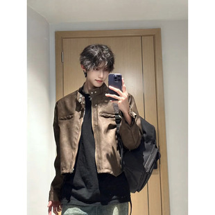 Maillard Men's Model Shoulder Pad Jacket Men's Autumn Ruffian Handsome Retro Brown Biker Short Puleather A2 Bomber Jacket