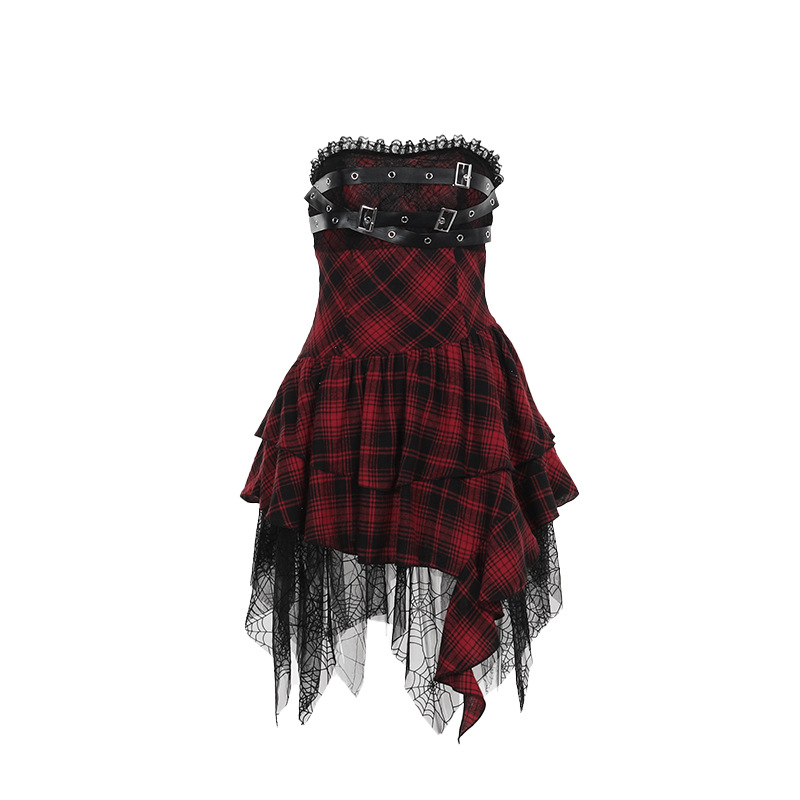 Xs24244 Summer Gothic New Hip Skirt Lady Style Sexy Red Plaid Tube Dress for Women