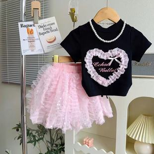 Girls Sweet suit Summer New Fashion Love Short Sleeve Puffy Mesh Short Dress Two-piece Set