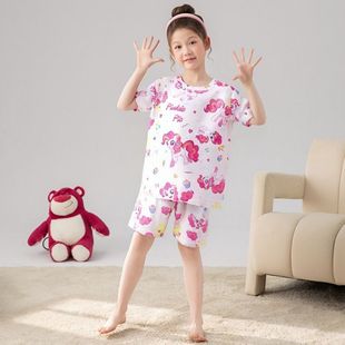 Girls Summer Thin Round Neck Pajamas Short-Sleeved Shorts Suit Cartoon Sweet Style Girls Can Wear Home Clothes