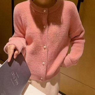 Imitation Mink Cashmere Jacket Short Sweater 2024 Spring and Autumn New Cardigan Korean Loose Student Pearl Buckle Top Women