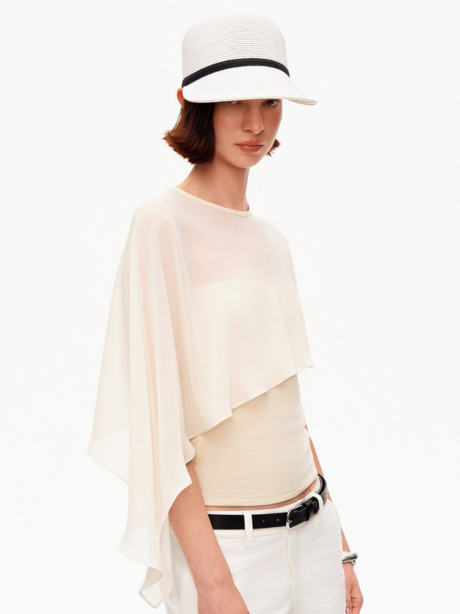 2026 Spring/Summer New Lyocell Slim Fit Sheep Wool Bandeau Top with Mesh Cape Shawl and Irregular Stretch Vest