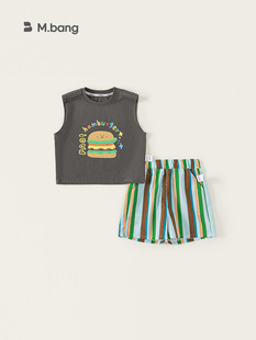 Yubao Children's Wear Children's suit Sleeveless Solid Color Printed Top Summer Striped Shorts Boys Casual Two-piece Set