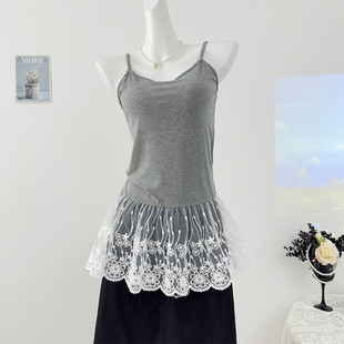 Rayon Ballet Style Lace Stitching Fake Two-piece Camisole Women's Spring and Summer High-end Elegant Pleated Skirt Top