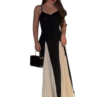 European and American French Style Design Black and White Color-block Low-cut Sling dress Women's Summer Waist Slimming Vacation Dress Women