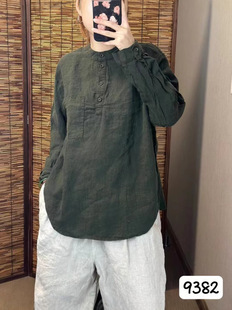 2025 spring and summer new pure linen stand collar long sleeve shirt women's casual loose comfortable solid color pullover shirt