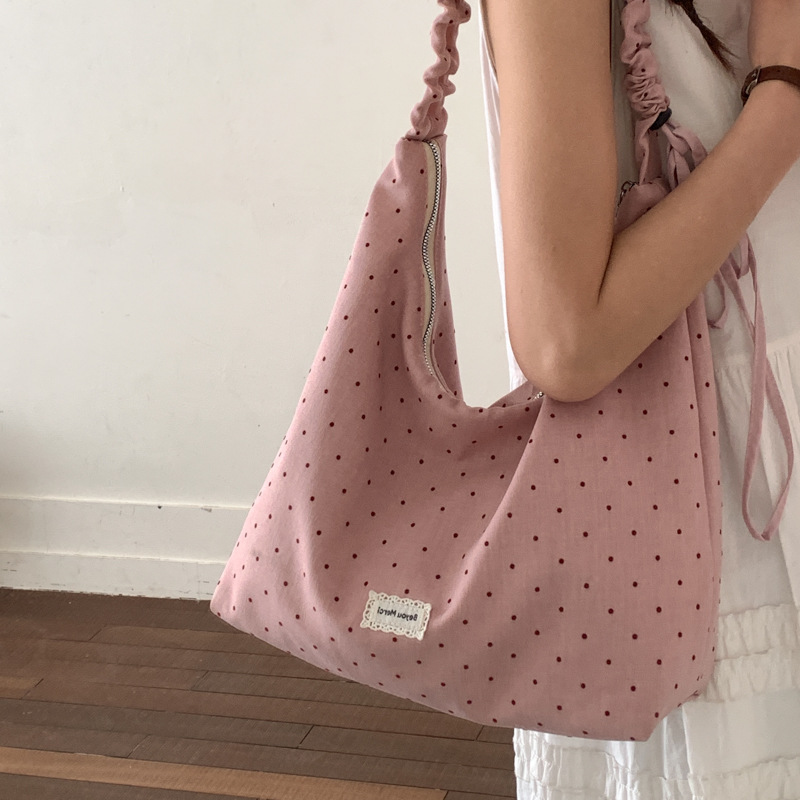 Japanese-style cute polka dot canvas bag for spring and summer, large capacity, single shoulder bag, student handbag, crossbody bag.