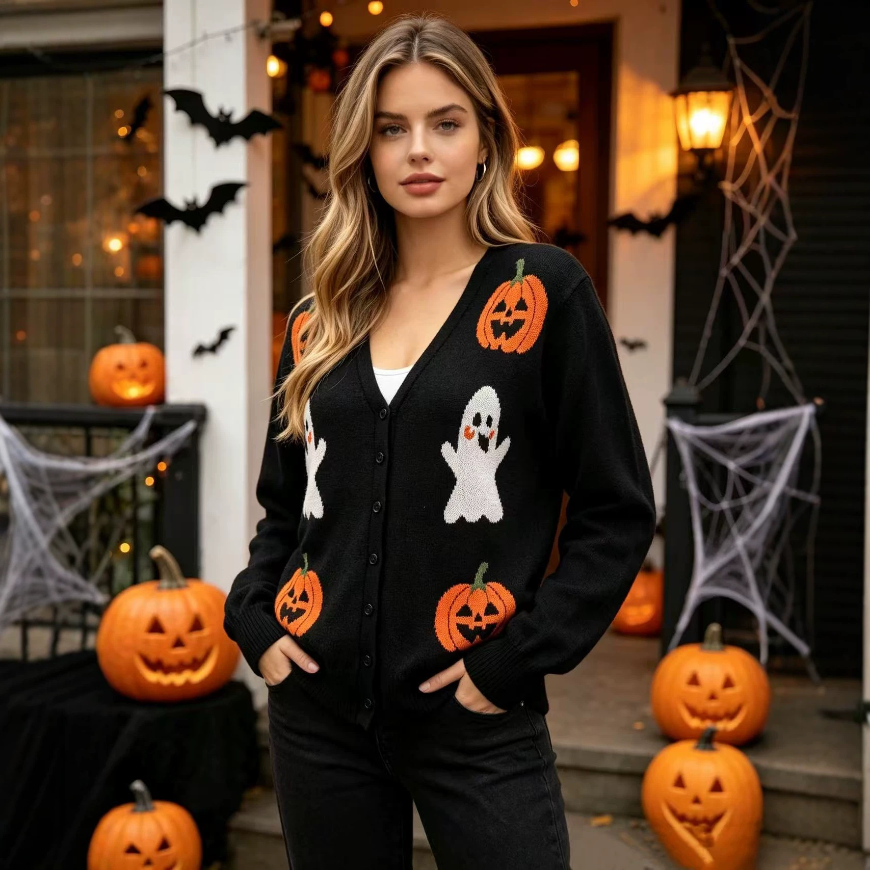 European and American cross-border Halloween-themed pumpkin lantern sweater cardigan autumn and winter European and American style V-neck long sleeve cross-border women's clothing source