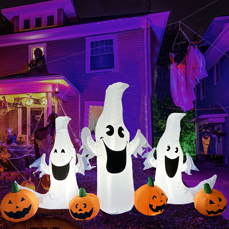 2.3-meter inflatable Halloween ghost with pumpkin slices, outdoor holiday decoration, LED lights, lawn decoration.