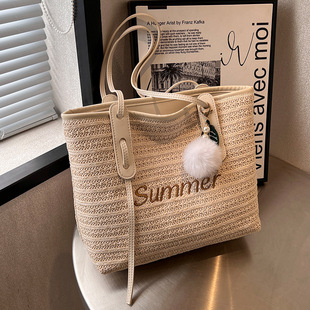 Straw Bag Women's Large Capacity 2023 New Summer All-match Shoulder Shopping Bag Woven Class Commuter Tote Bag