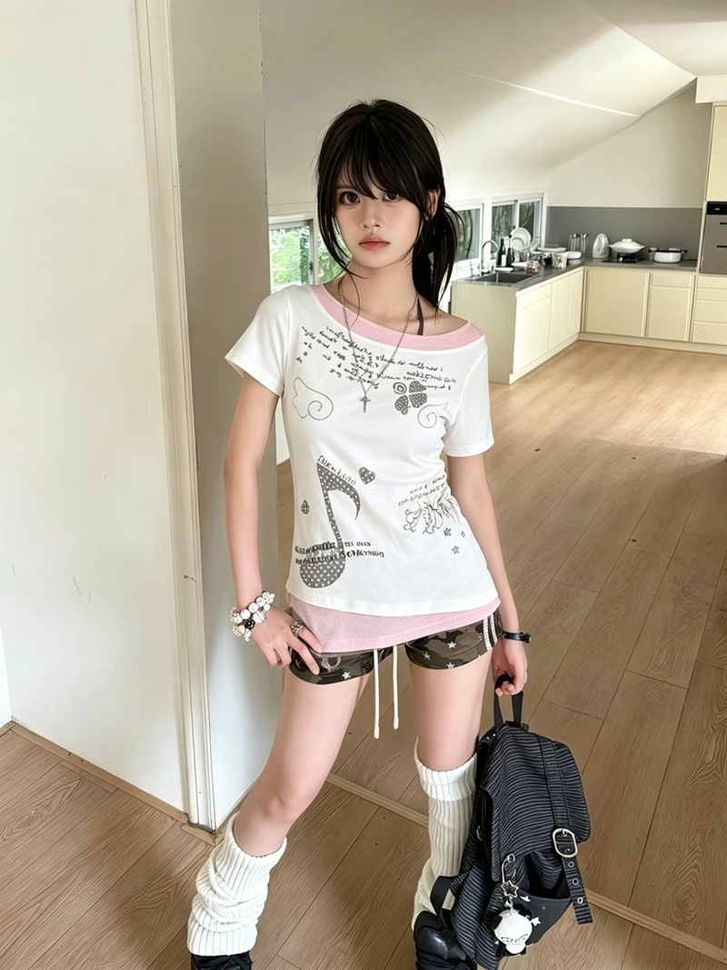 【210G 40-Count Fine Cotton】Subculture Style Fake Two-Piece Musical Note Polka Dot Print Short-Sleeve T-Shirt for Women, Summer Spicy Girl Top