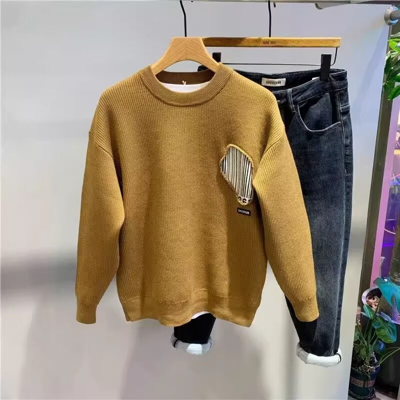 Autumn and Winter Round Neck Warm Knitted Three-dimensional Embroidered Sweater Men's Fashionable All-match Base Men's Long-sleeved Top