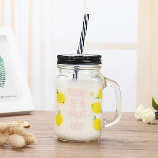 Frosted juice cock Cup gradient color letter glass transparent straw with lid cold drink handle Mason Cup