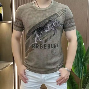 Fashion high quality Summer Men's Ice Silk Short Sleeve Heavy Industry Leopard Totem Letter Printed Round Neck T-Shirt All-match Short Sleeve