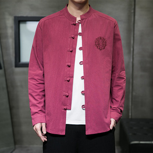 2023 autumn and winter new cross-border Men's Chinese-style cotton and linen Hanfu plus size embroidered buckle men's long-sleeved shirt