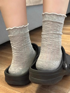 Wood Ear Edge Solid Color Mesh Hollow Socks Women's Mid-length Socks Instagram Trendy Pure Cotton Summer Thin Ballet Style Stocking Women's