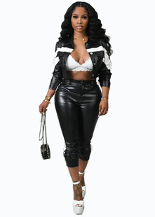 Amazon cross-border European and American fashion women's clothing autumn and winter contrast color breasted lapel leather pants suit two pieces