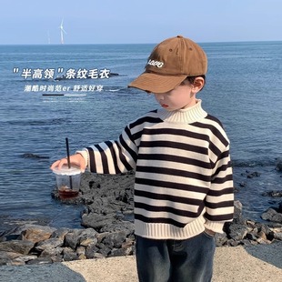 Boy's Sweater Autumn and Winter Thickened Boy's Baby's Knitwear Children's Half-turtleneck Boy's Striped Top Children's Winter Wear