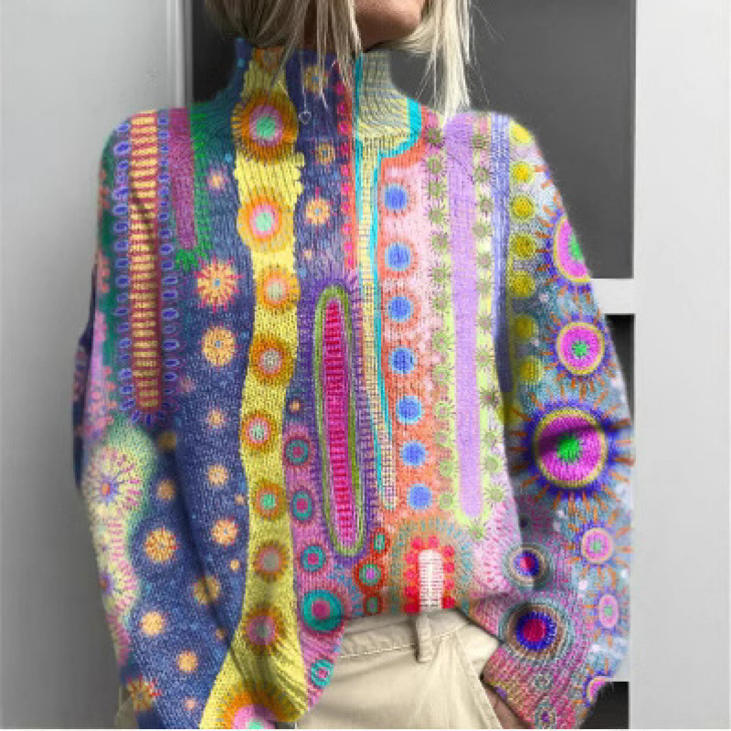 Foreign Trade Cross-Border 2026 Amazon New Printed Casual High-Neck Thick Striped Sweater