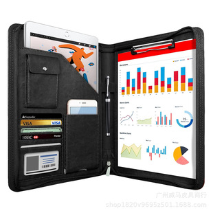 Cowhide zipper briefcase folder with mobile phone holder and hidden handle business cowhide resume folder