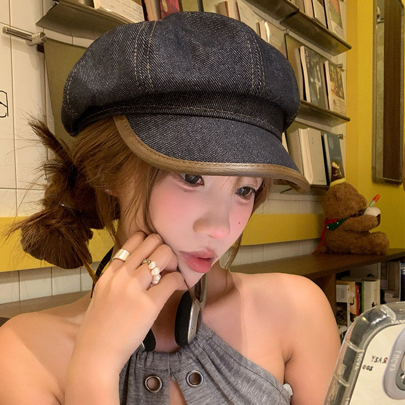 Japanese retro denim beret for women, British style, large head circumference, makes the face look smaller, versatile newsboy painter's hat, octagonal cap