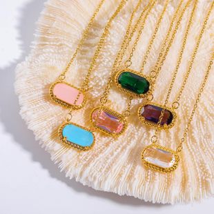 2024 Amazon Cross-border Color Crystal Turquoise Inlaid Oval Pendant Necklace Temperament All-match Ladies Jewelry