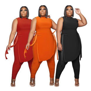 DY6935 Amazon independent station European and American women's clothing plus size fat woman slimming loose wave edge strap solid color two-piece set