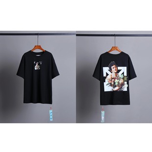 high quality OFF WAR Bronzing Strip Oil Painting Daisy Fireworks Religious OW Short-sleeved Loose T-shirt for Men and Women Couples