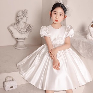 White Satin Flower Girl Little Girl Wedding Dress Children Host Birthday Princess Dress Girls Piano Playing Summer