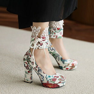 Embroidered printed round toe block heel high heels lace-up vintage block heel shoes women's wedding shoes super high heel women's shoes