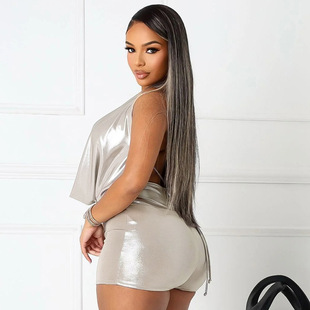 J25Rp138 European and American Style Cross-Border Women's Spring and Summer Halter Neck Stacked Collar Glossy Backless Lace-Up Knotted Three-Point Jumpsuit
