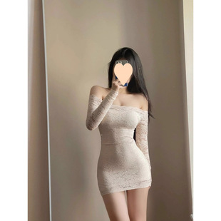 Pure Desire Wind off-shoulder dress Women's Early Spring Waist Spice Hip Skirt Lace Crochet Long-sleeved Skirt