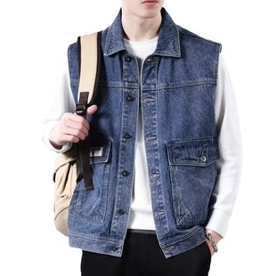 Trendy Brand Denim Vest Jacket Men's Spring and Autumn New Fashionable All-match Loose Waistcoat Men's Sleeveless Work Jacket