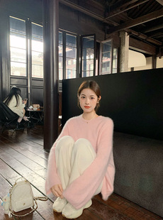 Pink White Pullback Craft Long Sleeve Sweater Women's 2024 Winter New Sweet Style Pullover Loose Elegant Top