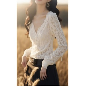 French Style Foreign Style Light Luxury V-neck Lace Shirt Women's Slim-fit All-match Shirt 2025 Spring New Style Chic Women's Top